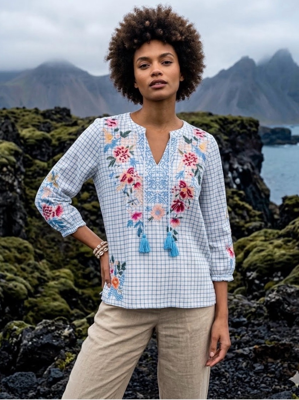 Johnny Was Workshop Embroidered Miro Tassel Blouse Size Medium